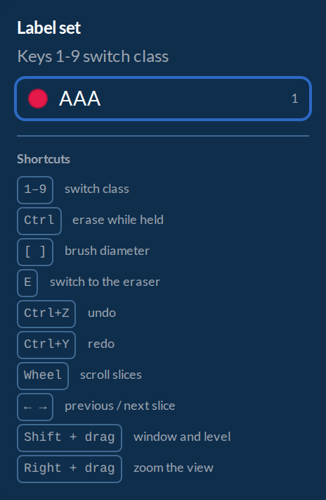 The label panel, with the active label and the full shortcut
list