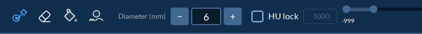 The left end of the toolbar: the four tools, the diameter, and the HU
lock
