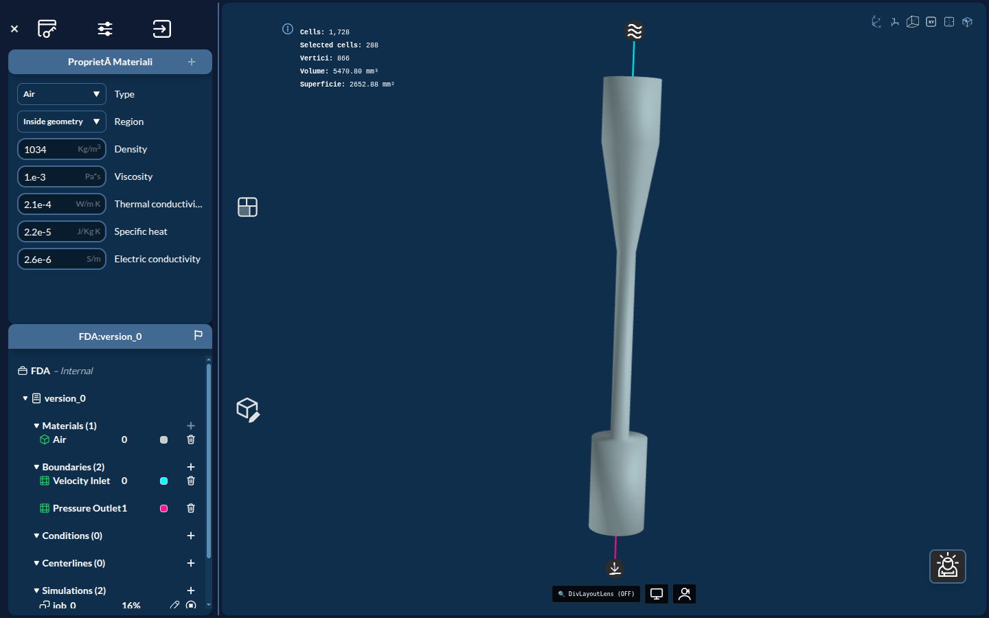 Material Properties panel for the FDA device