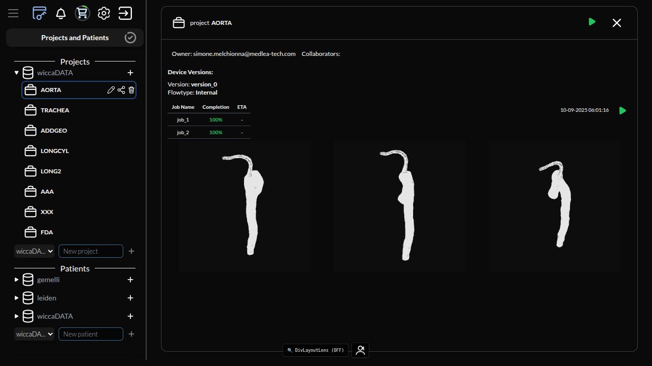 Engineering project list with AORTA model and 3D thumbnails