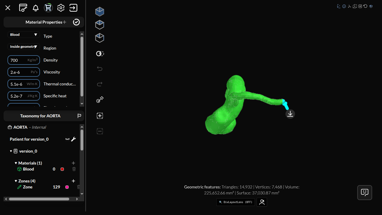 Material properties panel with Blood fluid and green 3D aorta model
